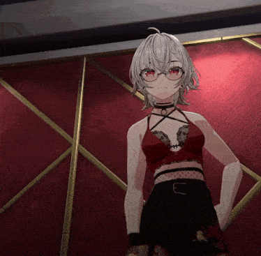 a girl with white hair and red eyes is wearing a red bra