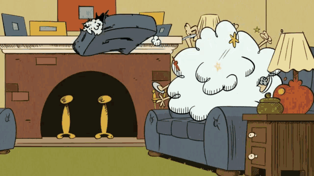 a cartoon scene with a couch and a fireplace