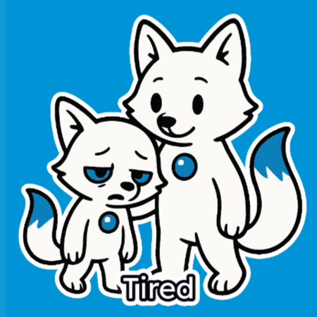 two white foxes are standing next to each other with the word tired written below them