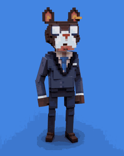 a pixel art of a dog wearing a suit and glasses