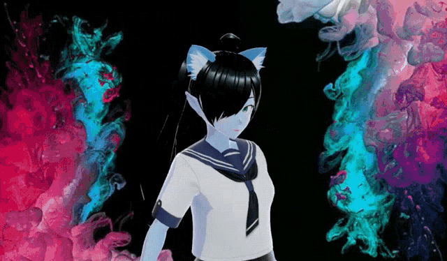 a girl with cat ears and green eyes is standing in front of a colorful background