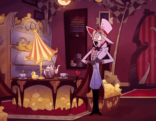a cartoon character is standing in front of a table with a teapot on it
