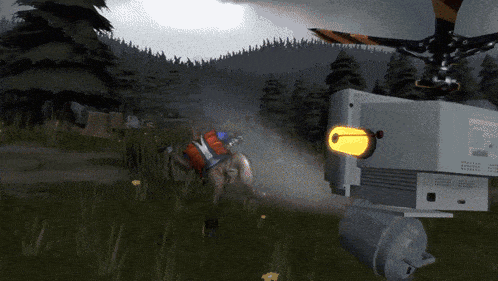 a computer generated image of a person being chased by a robot