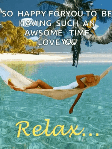 a woman is laying in a hammock on a beach with the words " so happy for you "