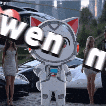 a cartoon cat is standing in front of a bunch of cars with the word ween behind him