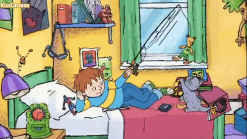 a cartoon shows a boy laying on a bed fishing