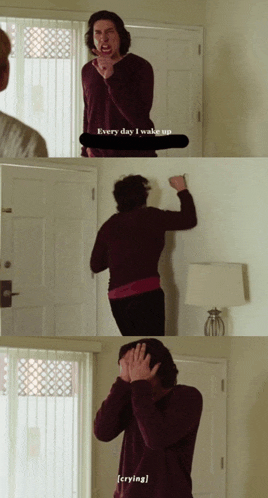 a man standing in front of a door with the words " every day i wake up " written on it