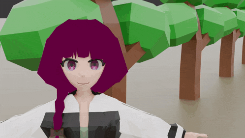 a cartoon character with purple hair and pink eyes