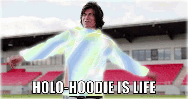 a man in a holographic hoodie with the words holo-hoodie is life written below him