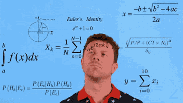 a man stands in front of a blue board with math equations