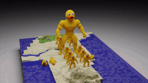 a group of yellow ducks are standing next to a giant duck