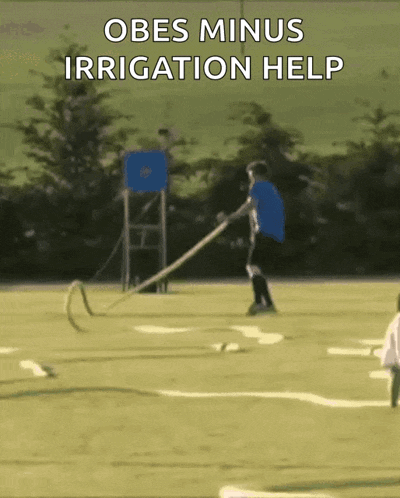 a person pulling a rope on a field with the words obes minus irrigation help
