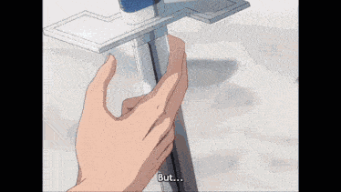 a person is holding a sword with the word but written on the bottom