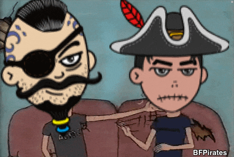 a cartoon of a man wearing a pirate hat and a man wearing a shirt that says abercrombie