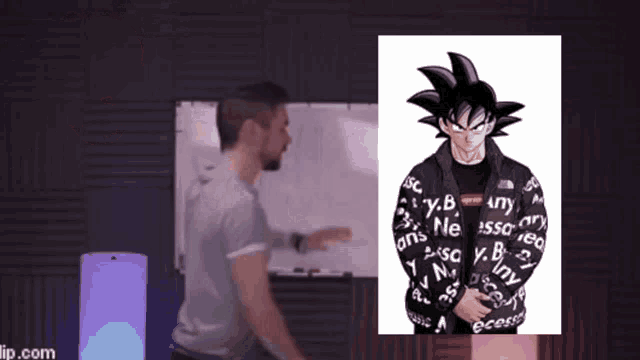 a man standing next to a picture of goku wearing a supreme sweatsuit