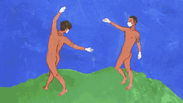 a painting of two naked men wearing masks