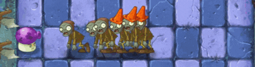 a group of zombies wearing orange hats are standing in a row