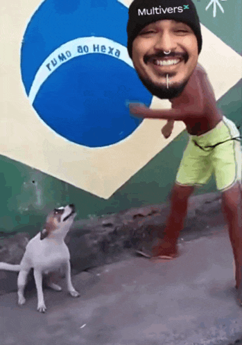 a man wearing a hat that says multivers is dancing with a dog