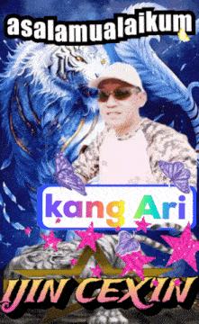 a picture of a man with a tiger behind him that says " assalamualaikum "