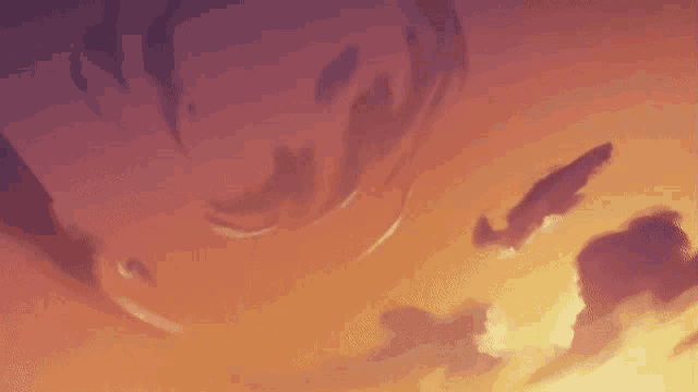 a cartoon character is flying through the air with a sunset in the background