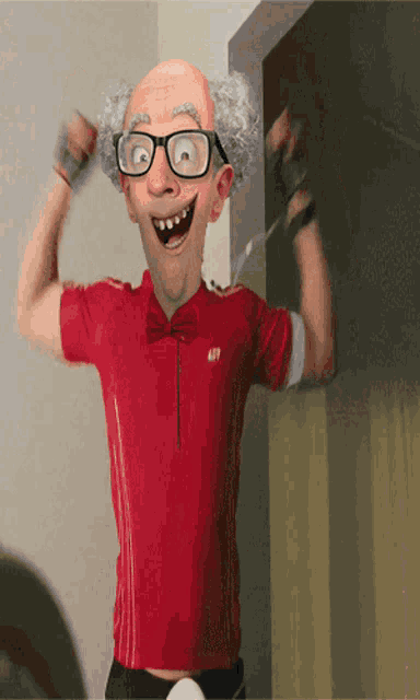 a cartoon character with glasses and a red shirt with the letters gp on it