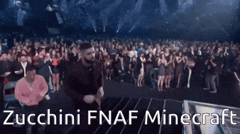 a man is dancing on a stage in front of a crowd with the words zucchini fnaf minecraft on the bottom