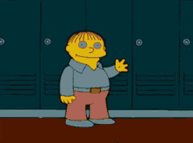 a cartoon character named ralph from the simpsons is standing in front of lockers
