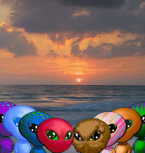 a group of colorful aliens are standing on a beach at sunset