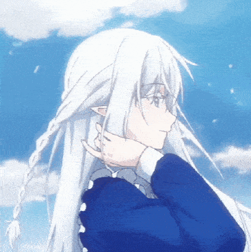 a girl with long white hair is wearing a blue suit