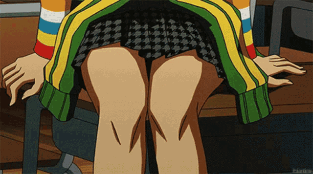 a cartoon of a girl with a striped shirt and a green and yellow skirt