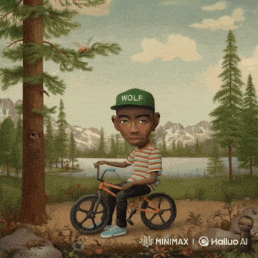 a painting of a young man riding a bike with a wolf hat on