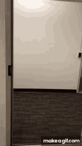 a door is open to a hallway with a white wall and a gray carpet .