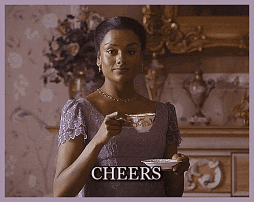 a woman in a purple dress is holding a cup of tea with the words cheers written above her