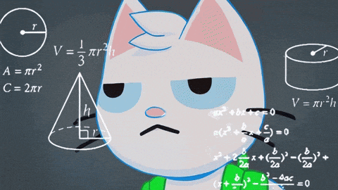 a cat is standing in front of a chalkboard with math equations written on it