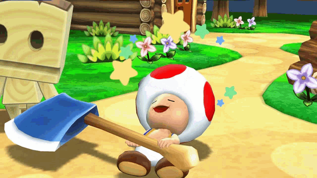 a cartoon toad is holding a blue shovel in his hand