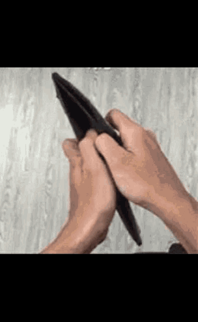 a person is holding a wallet in their hands .