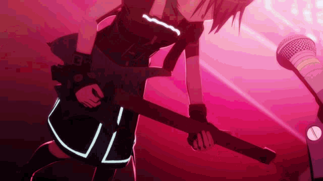 a girl is holding a guitar in front of a pink background