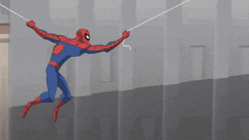 a cartoon of spider-man hanging from a spider web