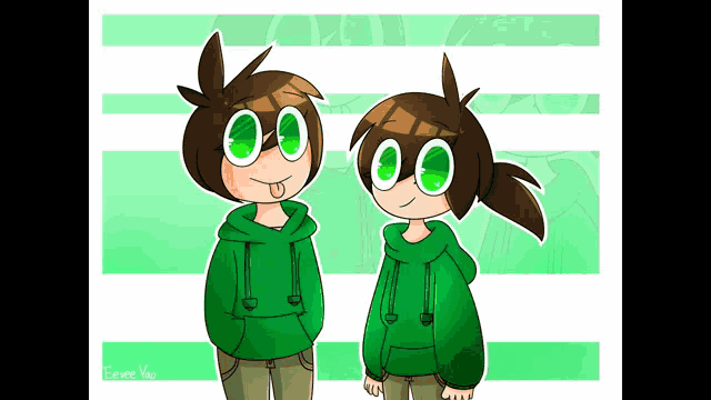 a drawing of a boy and a girl with green eyes
