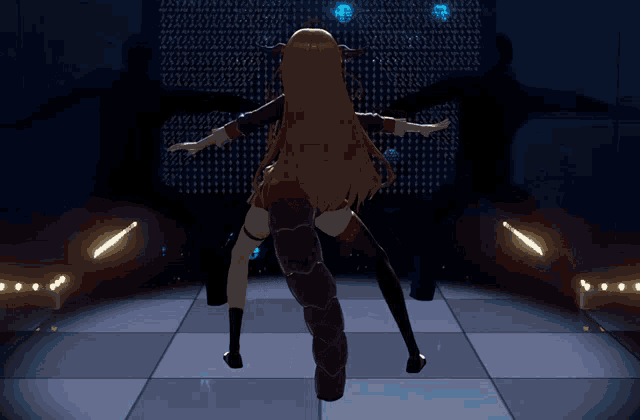 a girl with horns is dancing in front of a wall that says xyz