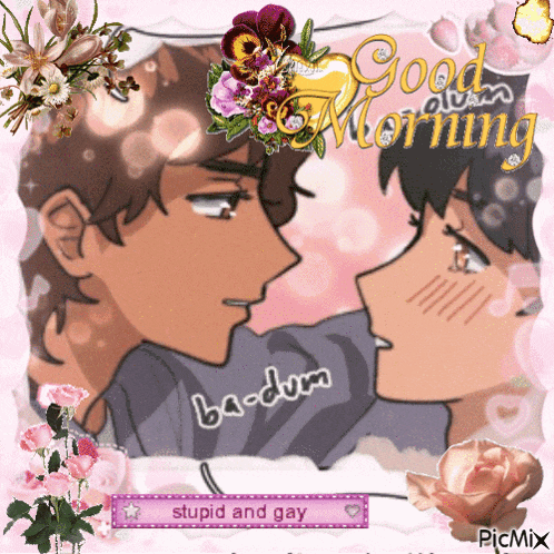 a picture of a man and woman kissing with the words " good morning " written above them