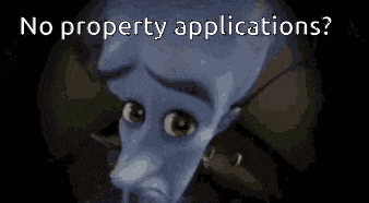 a cartoon character with the words " no property applications " above him