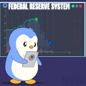 a penguin is holding a tablet in front of a federal reserve system chart