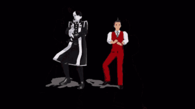 a cartoon character is wearing a black and white suit and tie and has a chain around his waist .