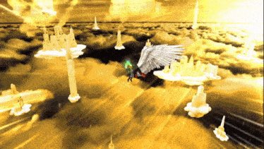 a person with wings is flying through a cloudy area