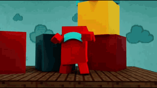 a red cube with a blue hat is standing in front of a stack of colorful blocks .