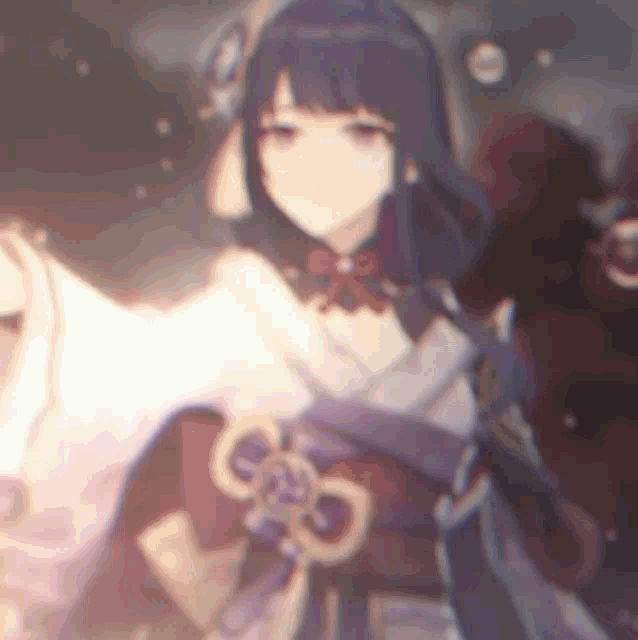 a blurry picture of a girl in a kimono holding a sword in a video game .