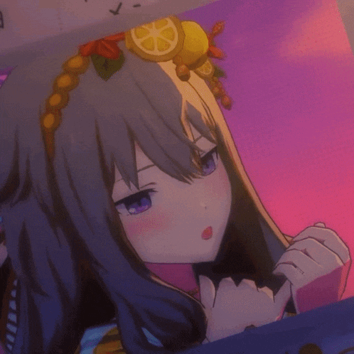 a girl with purple eyes is wearing a headband with lemons and flowers on it