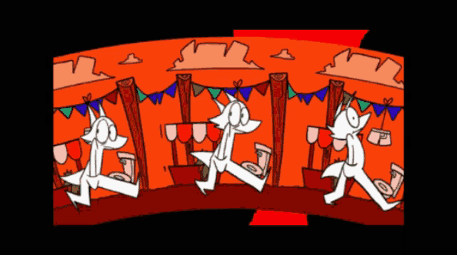 a cartoon drawing of three foxes running in a circle