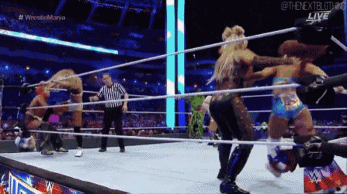 a referee is standing in the ring watching a wrestling match between two women .